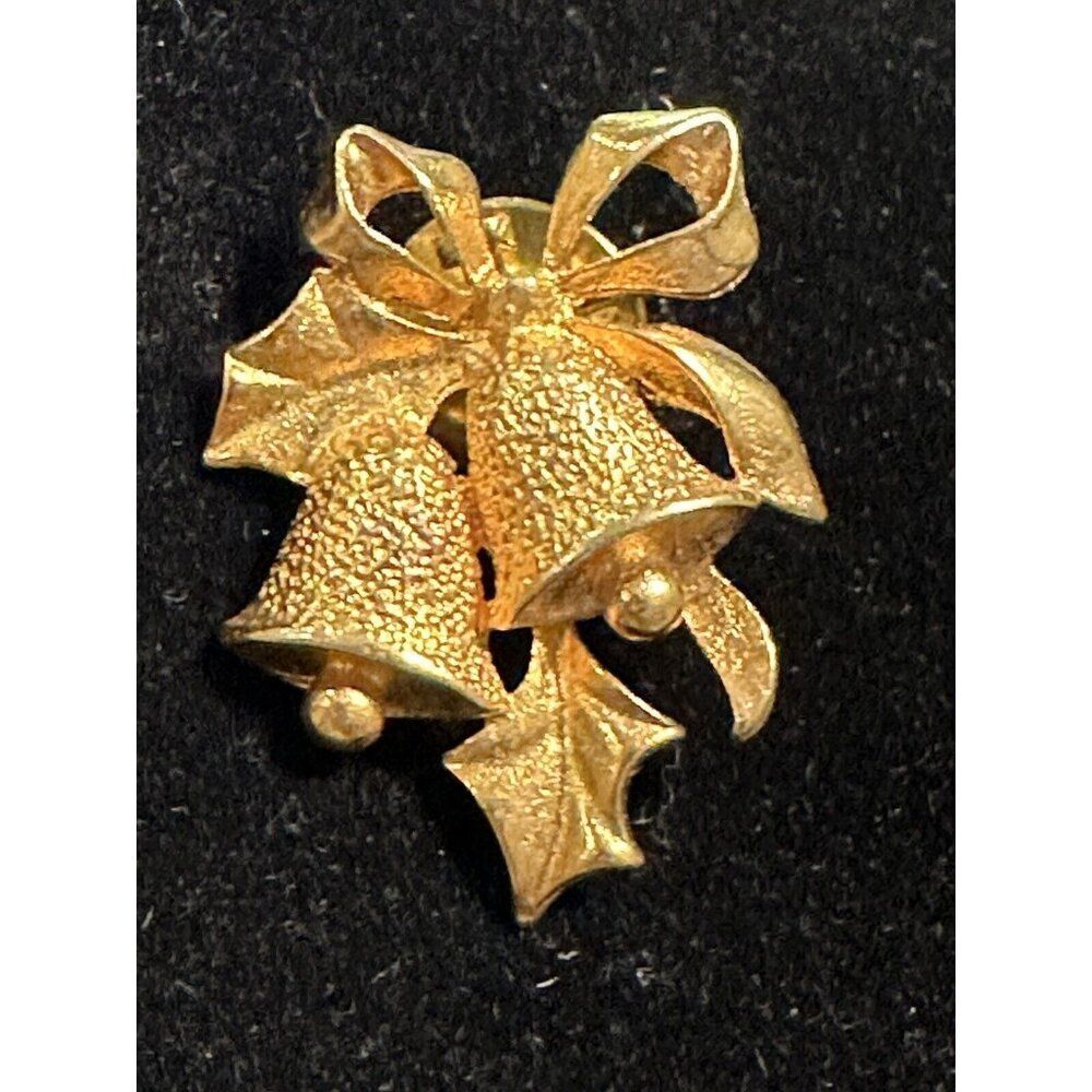 Gold Tone Christmas Bells  Bow Holly  Pin Brooch